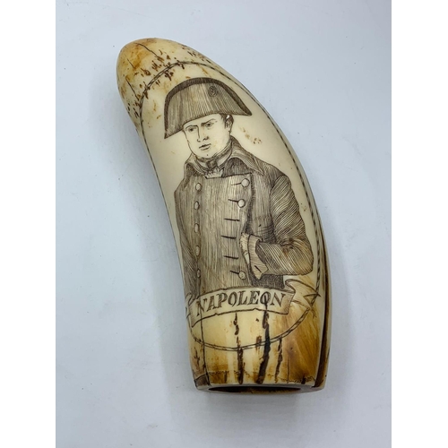 10 - 19th Century 'Trafalgar' Scrimshaw artwork Tusk.
An interesting 19th century scrimshaw type tusk rel... 