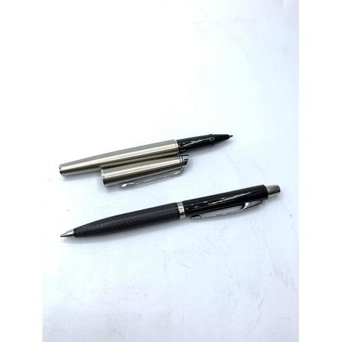 112 - 2x Parker Pens, 1x Brushed Steel Roller Ball, 1x Black Ball Pen, Excellent Condition.