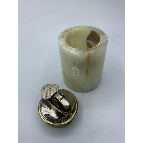 274 - Large vintage onyx table lighter.  Heavy piece.  Pale green onyx in circular drum form.  1960's / 70... 