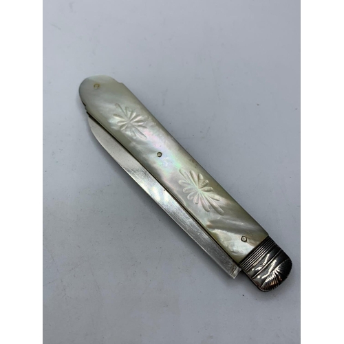 279 - Antique Silver bladed FRUIT KNIFE.  Early Victorian. Having ornate Mother of Pearl handle with blank... 