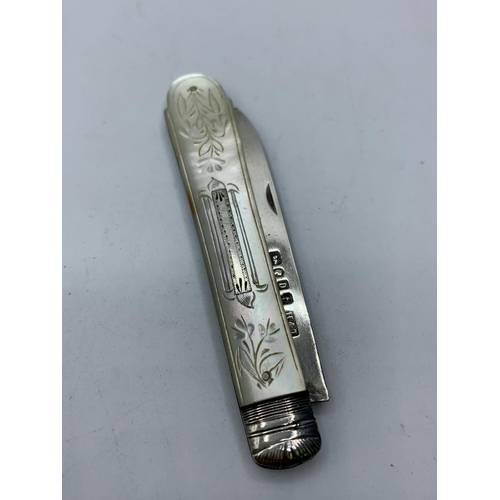 279 - Antique Silver bladed FRUIT KNIFE.  Early Victorian. Having ornate Mother of Pearl handle with blank... 