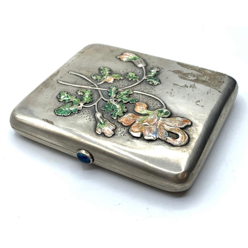 55 - RUSSIAN SILVER CIGARETTE CASE WITH ENAMEL FLORAL MOTIF FROM LATE 19TH CENTURY WITH SAPPHIRE OPENING ... 