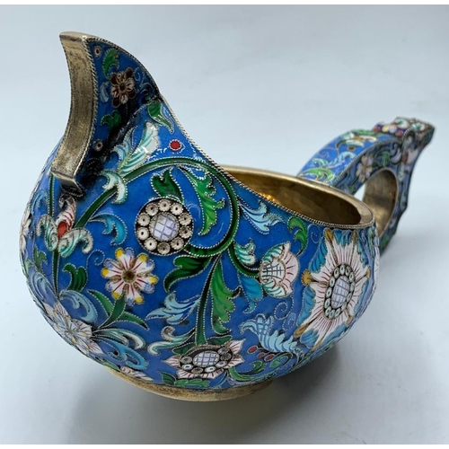 63 - RUSSIAN ENAMEL ON SILVER KAVSH CIRCA 1870, WEIGHT 275G AND 16.5CM OVERALL LENGTH