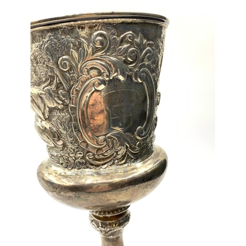 67 - H/M SILVER CHALICE MADE IN 1831 BY JOHN EDWARDS PERRY WITH HAND EMBOSSED BOVINE FARM SCENES, WEIGHT ... 