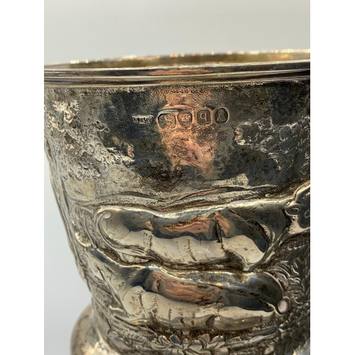 67 - H/M SILVER CHALICE MADE IN 1831 BY JOHN EDWARDS PERRY WITH HAND EMBOSSED BOVINE FARM SCENES, WEIGHT ... 