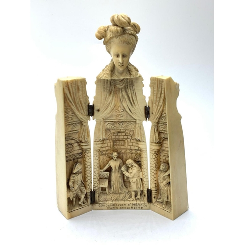 77 - HAND CARVED FRENCH IVORY HINGED OPENING FIGURE DEPICTING THE SENTENCING OF MARIE ANTOINETTE CIRCA 17... 