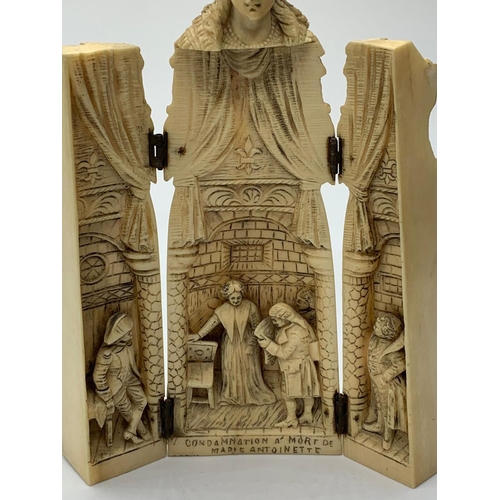 77 - HAND CARVED FRENCH IVORY HINGED OPENING FIGURE DEPICTING THE SENTENCING OF MARIE ANTOINETTE CIRCA 17... 