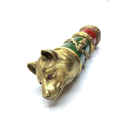 86 - RUSSIAN LATE 19TH CENTURY SILVER BEAR'S HEAD CANE HANDLE WITH JADE (NEPHRITE) AND RUBY DECORATED WIT... 