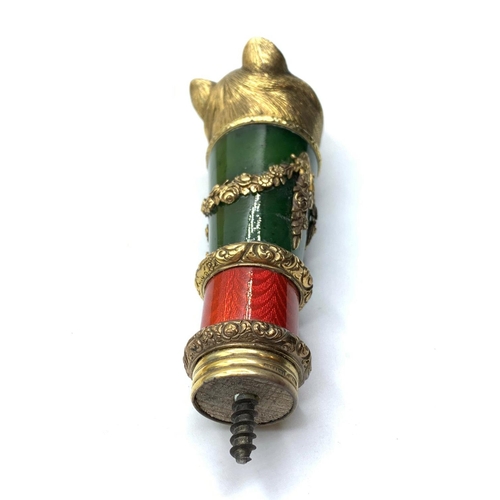 86 - RUSSIAN LATE 19TH CENTURY SILVER BEAR'S HEAD CANE HANDLE WITH JADE (NEPHRITE) AND RUBY DECORATED WIT... 