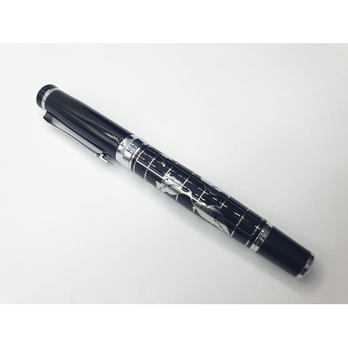 138 - Fuliwen Japanese FOUNTAIN PEN in black and silver.  Has a map of the world embossed in silver metal ... 