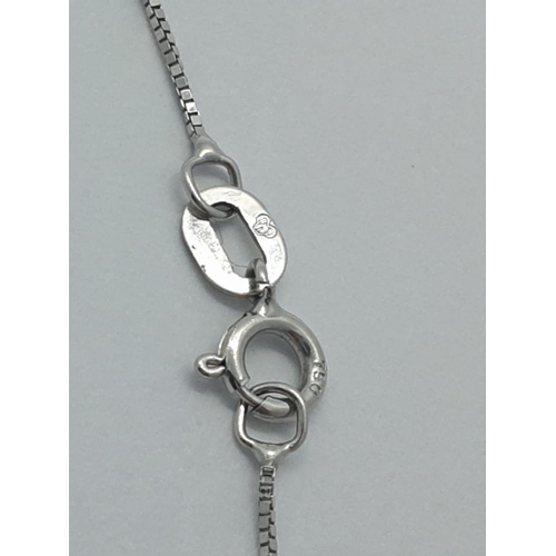 164 - 18CT W/G  3 STONE DIAMOND PENDANT ON CHAIN 0.14CT, WEIGHT 1.5G AND 45CM LONG APPROX