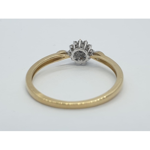 199 - 9CT Y/G DIAMOND SET CLUSTER RING, WEIGHT 1g AND SIZE M1/2