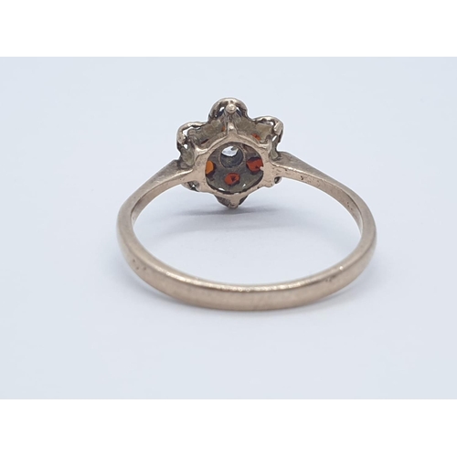 220 - 9CT Y/G CZ AND RED STONE DRESS CLUSTER RING , WEIGHT 2G AND SIZE P