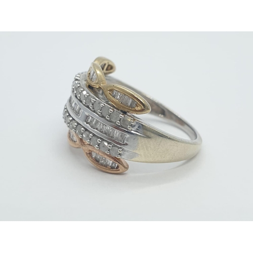 225 - 9CT 3 COLOUR DIAMOND 5 ROW BAND RING, WEIGHT 4.2G AND 0.80CT DIAMONDS SIZE  M1/2