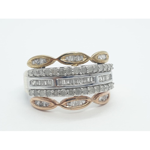 225 - 9CT 3 COLOUR DIAMOND 5 ROW BAND RING, WEIGHT 4.2G AND 0.80CT DIAMONDS SIZE  M1/2