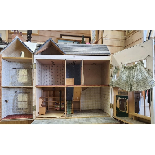 91 - Dolls house 62cm high, 60cm wide and 29cm deep with opening front and rood plus a large amount of do... 