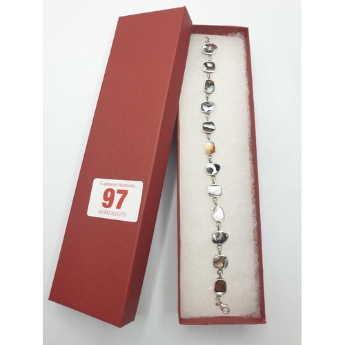 97 - Silver bracelet stone set with mother of pearl and agate, boxed. 8 1/2 inches / 21cm approx