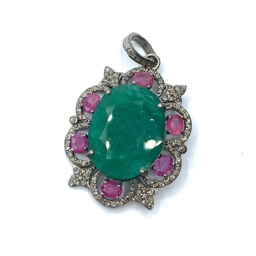 385 - 26.6 Ct Emerald & 2.3 Ct Ruby Pendant. With 1.20 Ct Rose cut diamonds.