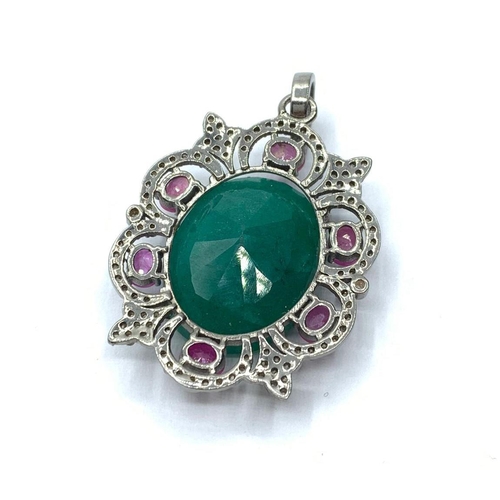 385 - 26.6 Ct Emerald & 2.3 Ct Ruby Pendant. With 1.20 Ct Rose cut diamonds.