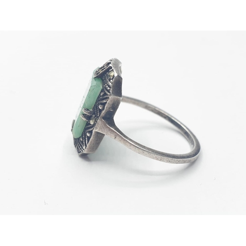 296 - Vintage silver and Jade art deco ring. Silver marcasite ring having polished jade in rectangular for... 