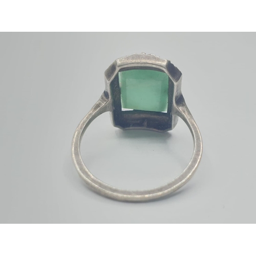 296 - Vintage silver and Jade art deco ring. Silver marcasite ring having polished jade in rectangular for... 