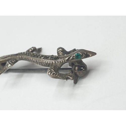 316 - Silver marcasite gecko brooch. Having green periodt coloured eyes. Continental 800 silver. gift boxe... 