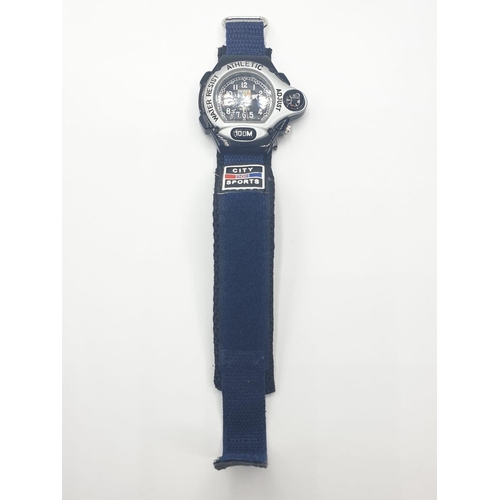 318 - City sports wristwatch 'athletic' model. Having adjustable webbing & Velcro strap. 
Stainless steel ... 