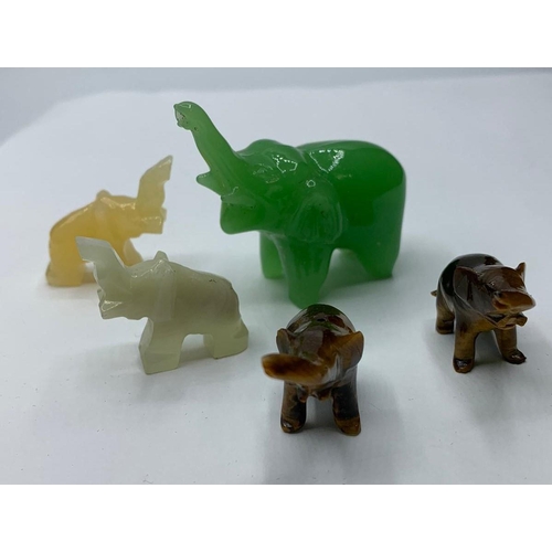 368 - 5 Semi Precious Stone Carved Elephants.