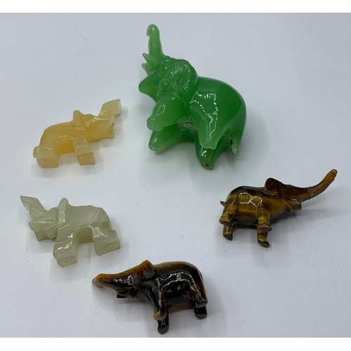 368 - 5 Semi Precious Stone Carved Elephants.