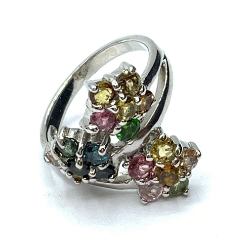 406 - Ladies Sterling Silver Flower Shape Ring with Mixed Colour Tourmalines, Size R.