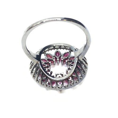 411 - Ladies Black 925 Sterling Silver Ring Set with Marquise Cat Rubies and White Stone Surround, Size P.