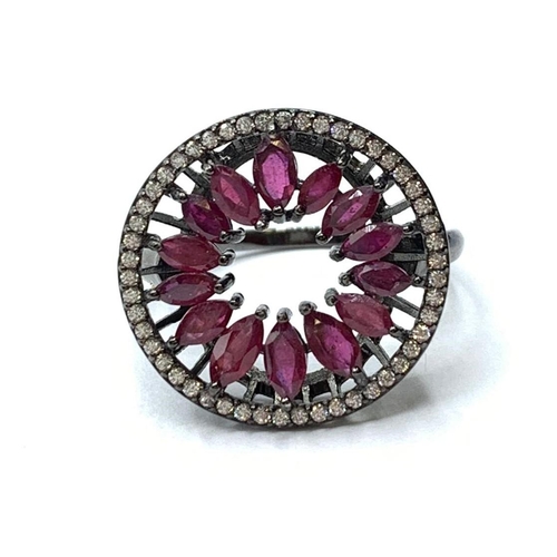 411 - Ladies Black 925 Sterling Silver Ring Set with Marquise Cat Rubies and White Stone Surround, Size P.