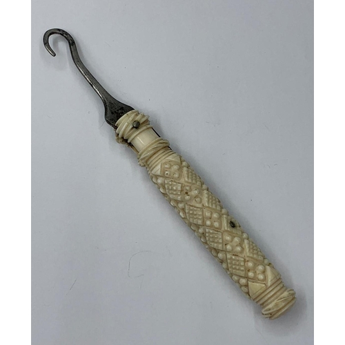 589 - Victorian Canted Ivory Handled Buttoning Hook. Circa 1890-1900, Markers Stamp showing Pepys & Co.