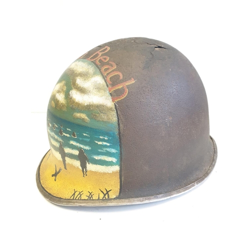 4 - WW2 Normandy Relic US Fixed Bale M1 helmet with post War memorial painting