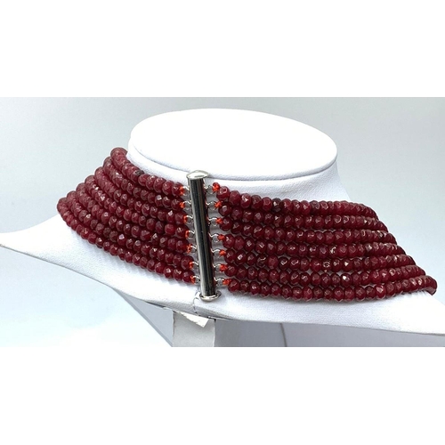 15 - An impressive seven row multi-faceted ruby necklace, Length 44-60cm
Weight: 106 g. Rubies are colour... 