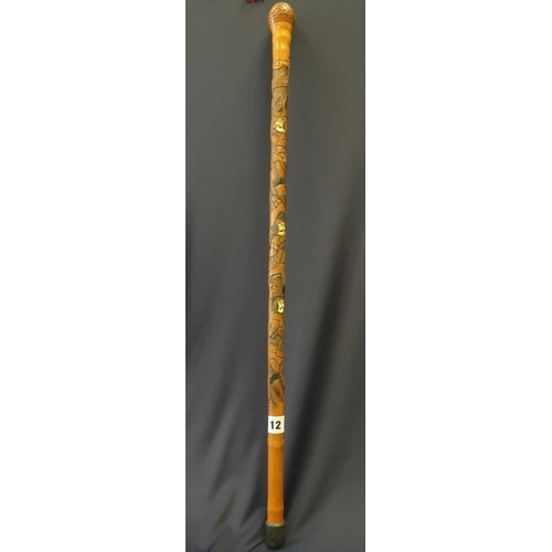 12 - An early Japanese BAMBOO WALKING STICK.  Hand carved with inlaid bone.  Signed by maker.