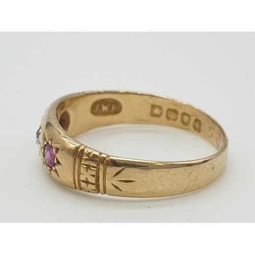 149 - Antique 18ct gold gypsy ring having a diamond to centre with a ruby either side, clear hallmark for ... 