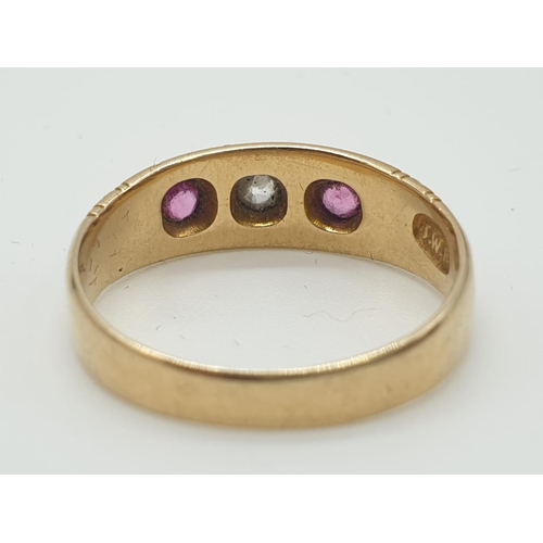 149 - Antique 18ct gold gypsy ring having a diamond to centre with a ruby either side, clear hallmark for ... 