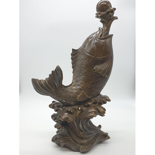 37 - Chinese KOI CARP BRONZE STATUE. 40cm tall.  3.7kg.