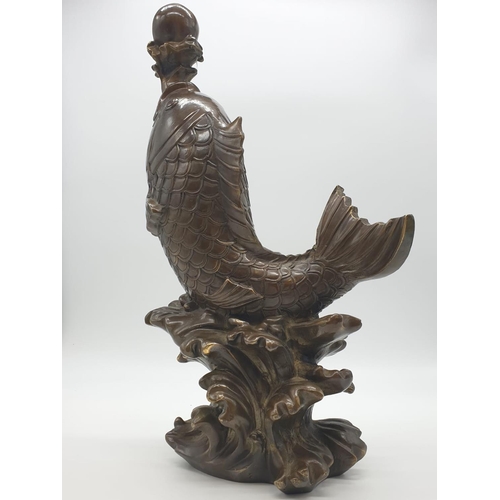 37 - Chinese KOI CARP BRONZE STATUE. 40cm tall.  3.7kg.