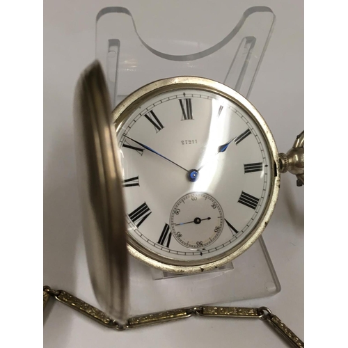 96 - Antique silver full HUNTER GENT'S POCKET WATCH and chain.  Great example in very good condition, win... 