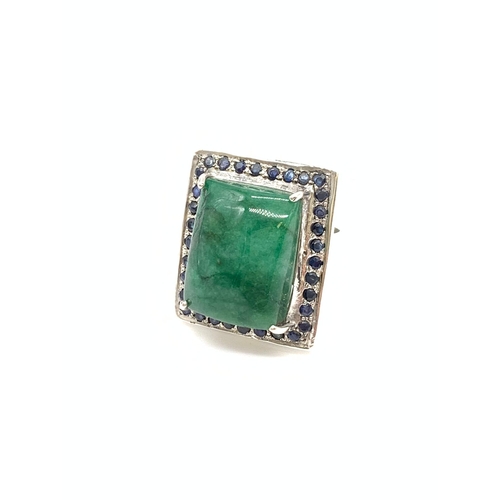 815 - 925 Silver Ring with Cabochon Emerald and Blue Sapphires, 22.64ct Emerald, 1.98ct Sapphires