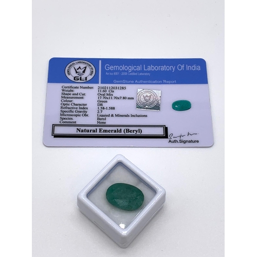 826 - 11.60ct Oval Colour Enhanced Emerald Gemstone GLI certified