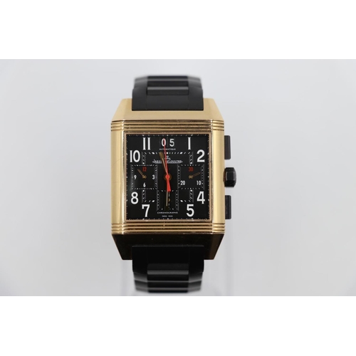 35 - Jaeger le Coultre rose gold Watch, square face reverse skeleton back and black rubber strap, SERIAL ... 