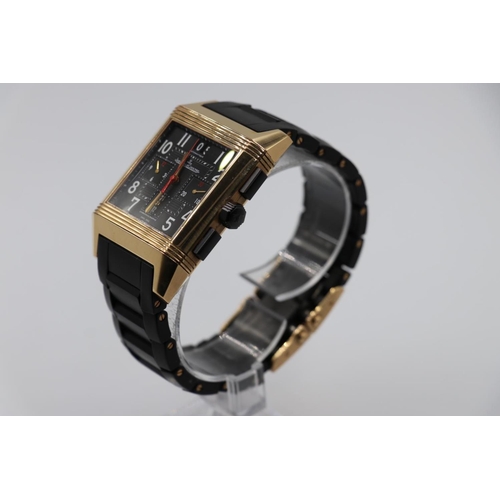 35 - Jaeger le Coultre rose gold Watch, square face reverse skeleton back and black rubber strap, SERIAL ... 