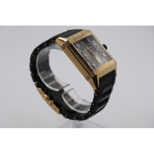 35 - Jaeger le Coultre rose gold Watch, square face reverse skeleton back and black rubber strap, SERIAL ... 