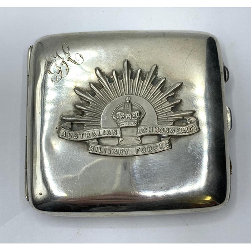 27 - WW1 1915 Hallmarked Silver Cigarette Case with Silver Australian Rising Sun Badge.