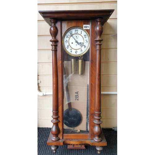 821 - Vintage wall hanging hall clock with pendulum H95 x W42cm approx