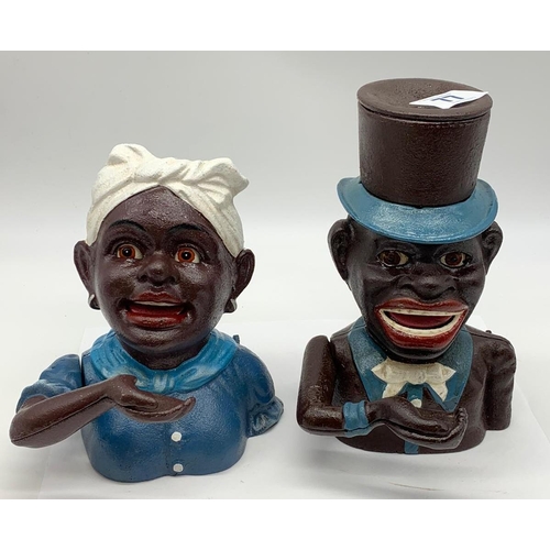 77 - A JOLLY BOY and AUNTIE JEMMA pair of cast iron money boxes with           
moving arms and eyes in e... 