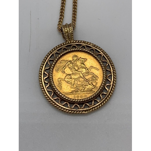 85 - 22ct 1884 Gold Young Victoria Sovereign in 9ct setting on a 58cm Chain 28.2g